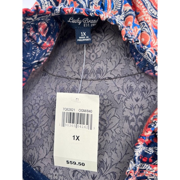 Lucky Brand women's plus boho 3/4sleeve top blouse blue and orange NWT sz 1x - Picture 2 of 7